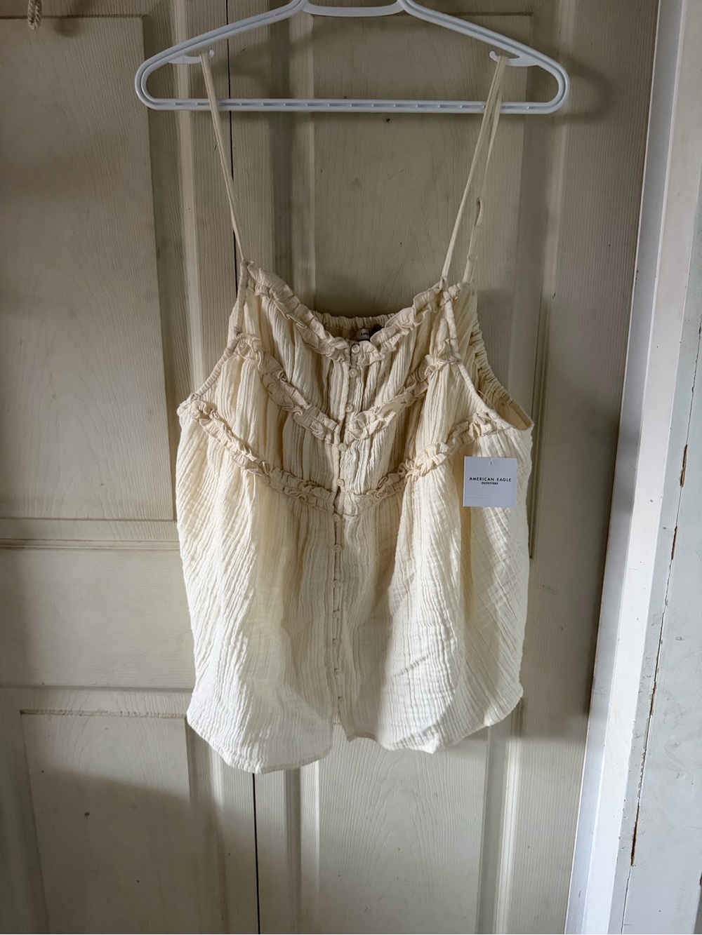 American Eagle Outfitters Cream Button-Front Ruffle Gauze Cami